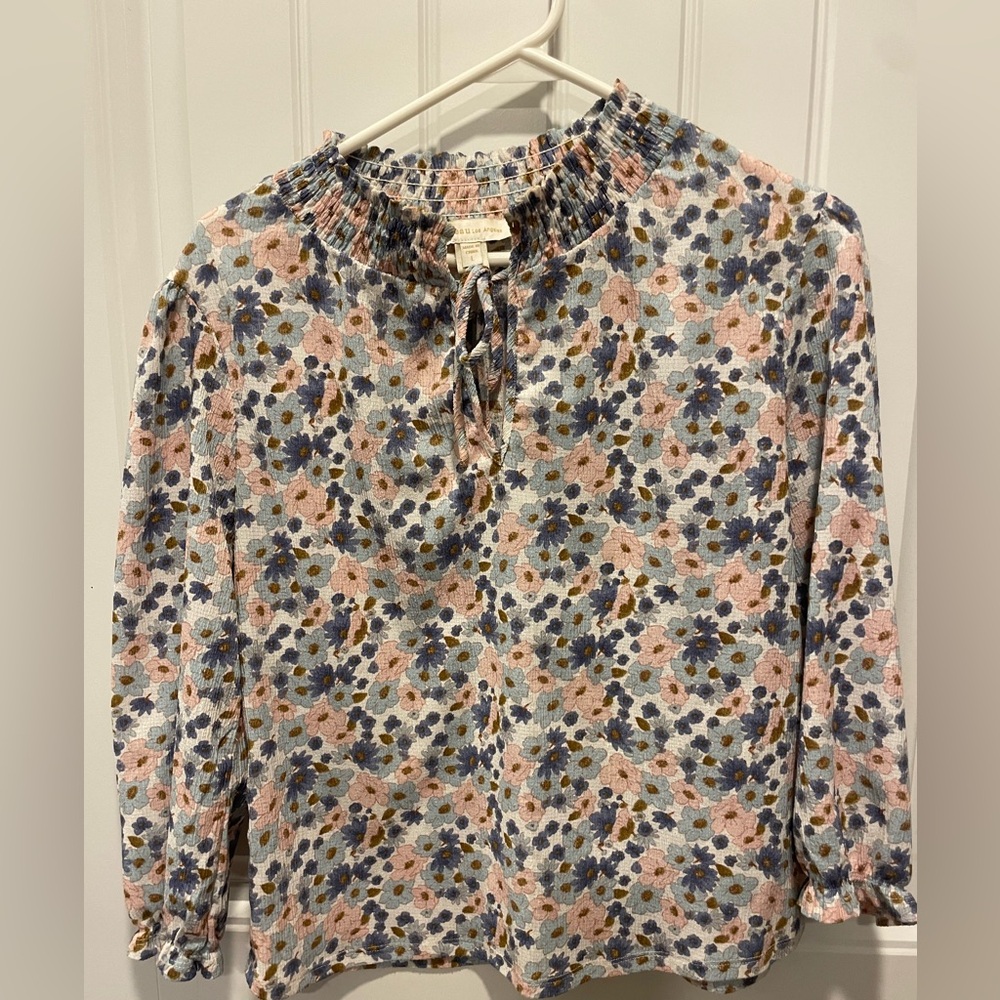 Monteau Blue and Pink Floral Smocked Blouse